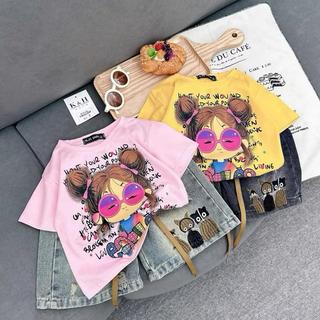 S234-[tomnaukid] Set Áo thun cộc tay cô gái phối quần Short jean bò thêu CÚ MÈO size từ 8-35Kg