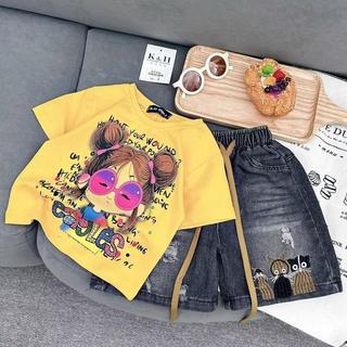 S234-[tomnaukid] Set Áo thun cộc tay cô gái phối quần Short jean bò thêu CÚ MÈO size từ 8-35Kg
