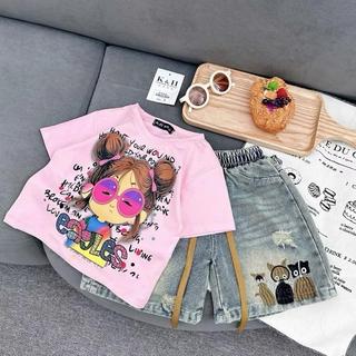 S234-[tomnaukid] Set Áo thun cộc tay cô gái phối quần Short jean bò thêu CÚ MÈO size từ 8-35Kg