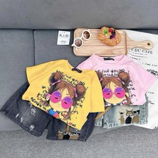 S234-[tomnaukid] Set Áo thun cộc tay cô gái phối quần Short jean bò thêu CÚ MÈO size từ 8-35Kg