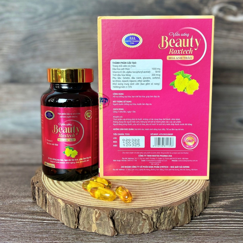 [CHÍNH HÃNG] Viên Uống Beauty Dầu Hoa Anh Thảo Roxtech đẹp da, chống lão hóa - 60 viên