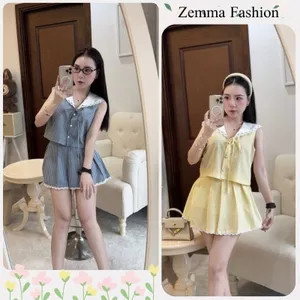 Set đồ nữ áo thuỷ thủ đính nơ mix chân váy xờ xếp ly cạp chun, đồ bộ nữ trẻ trung dễ thương HCOM26065