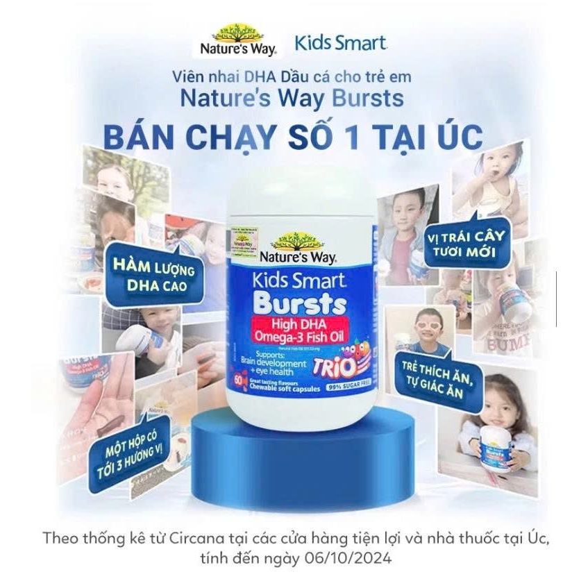 Viên Nhai Dầu Cá Ba Màu Nature's Way Omega-3 Fish Oil Trio Hỗ Trợ Tốt Cho Não Bộ Và Mắt Bé 60 Viên