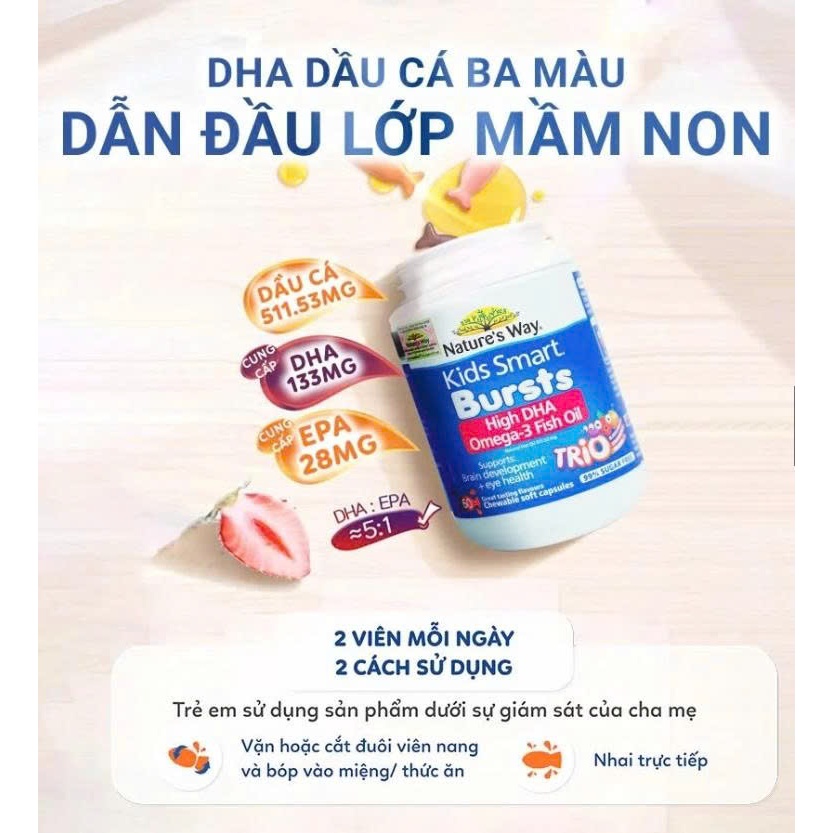 Viên Nhai Dầu Cá Ba Màu Nature's Way Omega-3 Fish Oil Trio Hỗ Trợ Tốt Cho Não Bộ Và Mắt Bé 60 Viên