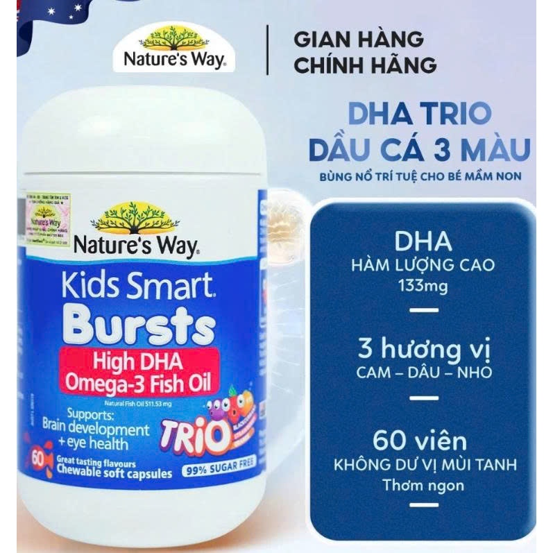 Viên Nhai Dầu Cá Ba Màu Nature's Way Omega-3 Fish Oil Trio Hỗ Trợ Tốt Cho Não Bộ Và Mắt Bé 60 Viên