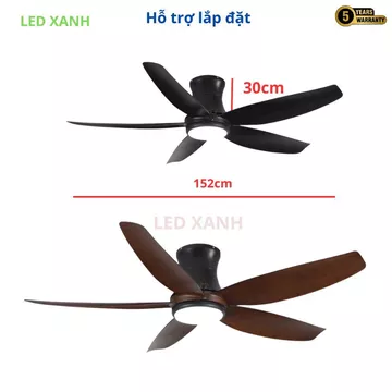 Quạt trần đèn cổ ngắn LED XANH cho trần thấp, Quạt trần phòng khách phòng ngủ hiện đại cho trần la phong thạch cao