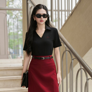 Áo Kiểu Nữ LAMER FASHION Dáng Ôm Cổ Bẻ Áo Thun Thêu Chữ Cotton Công Sở HSD O61S25H004