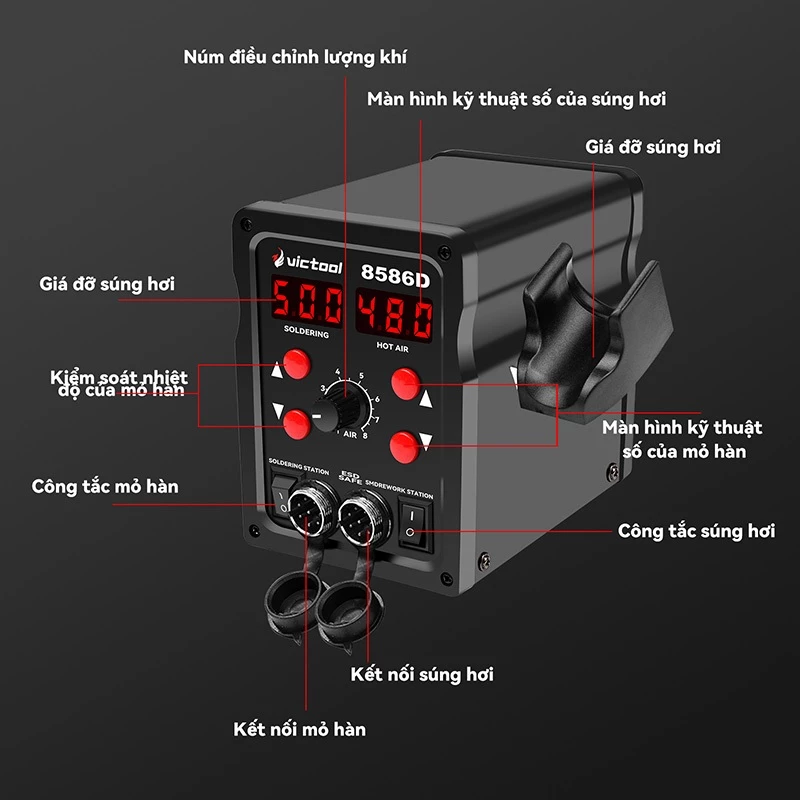 Máy Khò Nhiệt Mini 220V Mỏ Hàn Thiếc Điện Trạm Hàn 8586 760W 2 Trong 1,Điều Chỉnh Nhiệt,Màn OLED