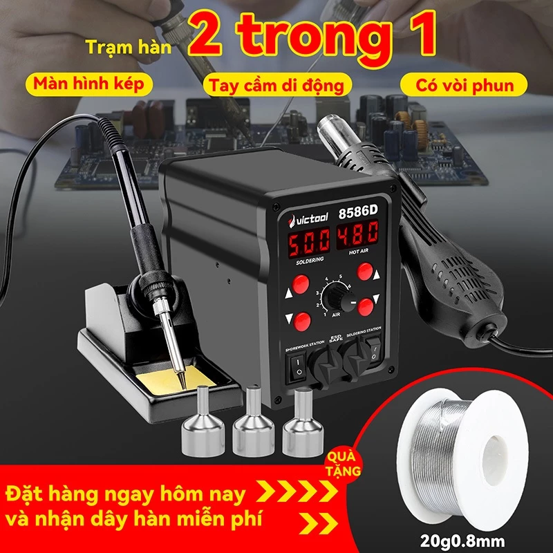 Máy Khò Nhiệt Mini 220V Mỏ Hàn Thiếc Điện Trạm Hàn 8586 760W 2 Trong 1,Điều Chỉnh Nhiệt,Màn OLED