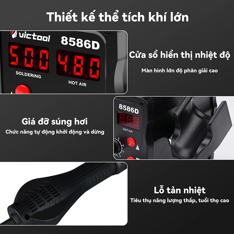Máy Khò Nhiệt Mini 220V Mỏ Hàn Thiếc Điện Trạm Hàn 8586 760W 2 Trong 1,Điều Chỉnh Nhiệt,Màn OLED