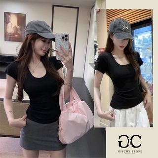 Áo thun ôm cổ tròn tay ngắn GISCHY A31 áo thun nữ co giãn, basic tôn dáng, màu đen dễ phối đồ