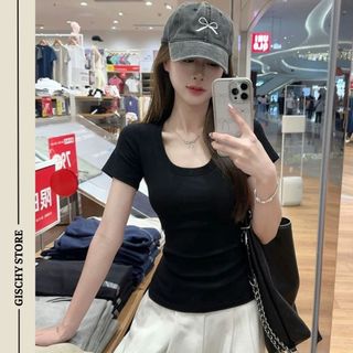 Áo thun ôm cổ tròn tay ngắn GISCHY A31 áo thun nữ co giãn, basic tôn dáng, màu đen dễ phối đồ