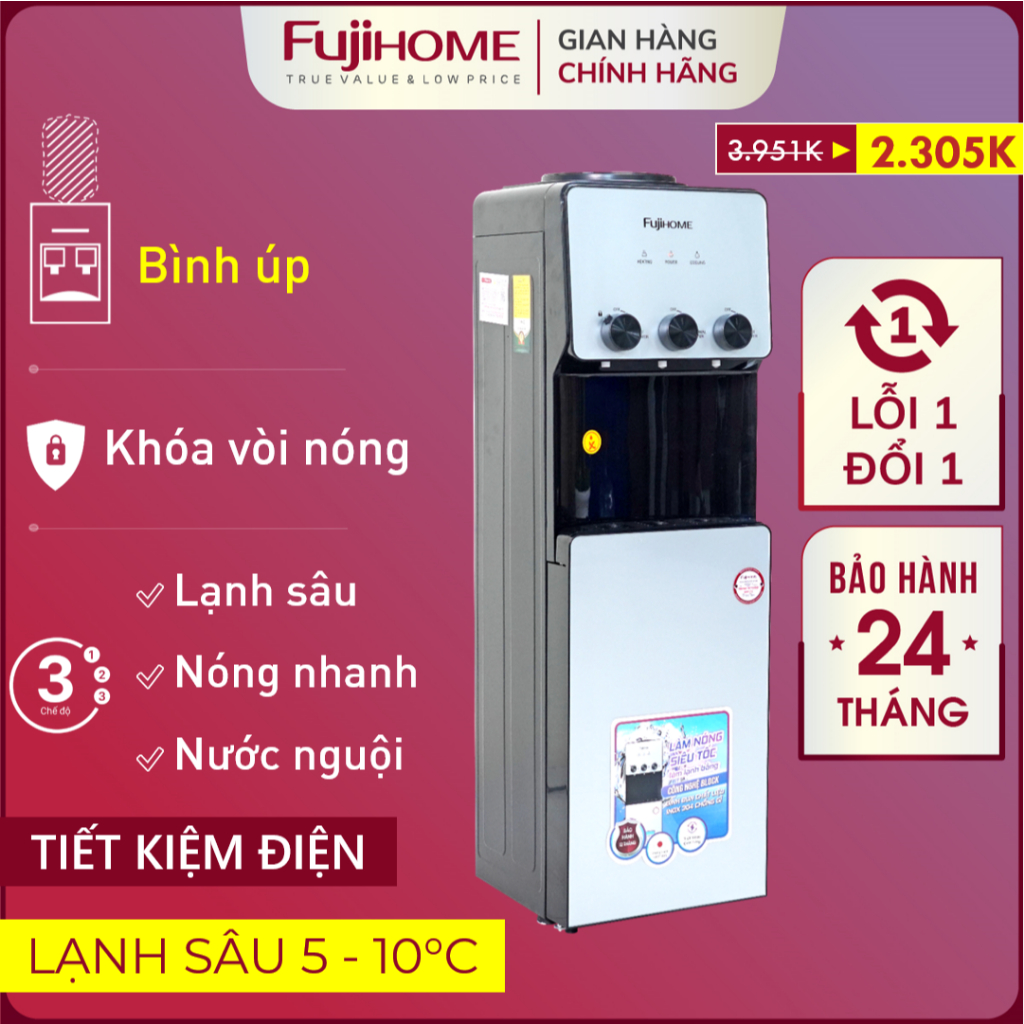 Máy nước nóng lạnh Nhập Khẩu FUJIHOME WD677C, Câu nước bình úp 3 vòi tiện lợi có khóa an toàn cho trẻ em