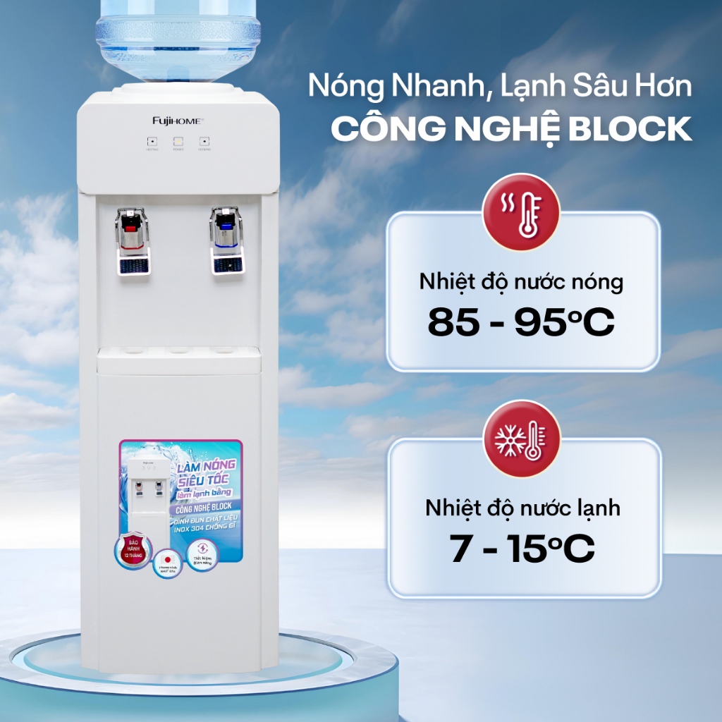 Cây nước nóng lạnh bình úp Nhập Khẩu FUJIHOME WD676C, Máy nước nóng lạnh có khóa vòi nóng tiết kiệm điện