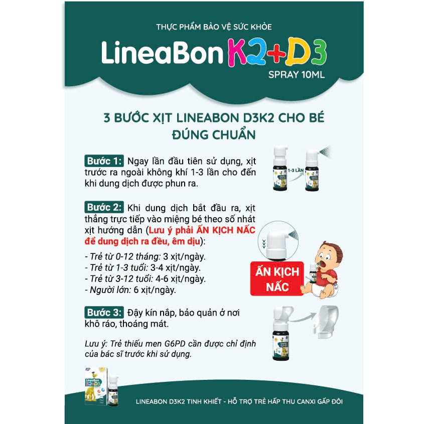 D3 k2 lineabon dạng xịt chính hãng bổ sung K2 và vitamin D3 giúp hấp thụ canxi, giảm còi xương, tăng chiều cao 10ml