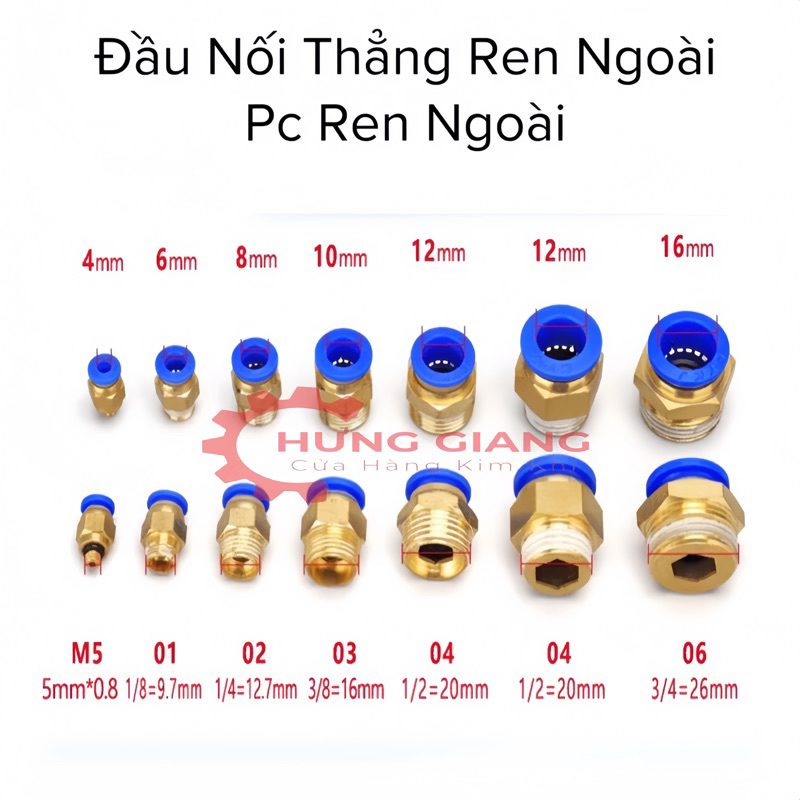10 Đầu nối PC thẳng ren ngoài khí nén, phun sương đầy đủ kích thước ống và ren chuẩn