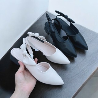 (Lùi 1 sz) Giày nữ mũi nhọn phong cách nhẹ nhàng chất da mềm đế cao 3p thắt nơ hậu cách điệu V025