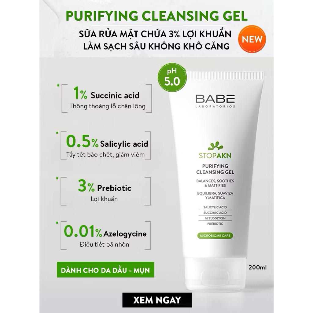 SỮA RỬA MẶT BABE STOP AKN PURIFYING CLEANSING GEL 200ml