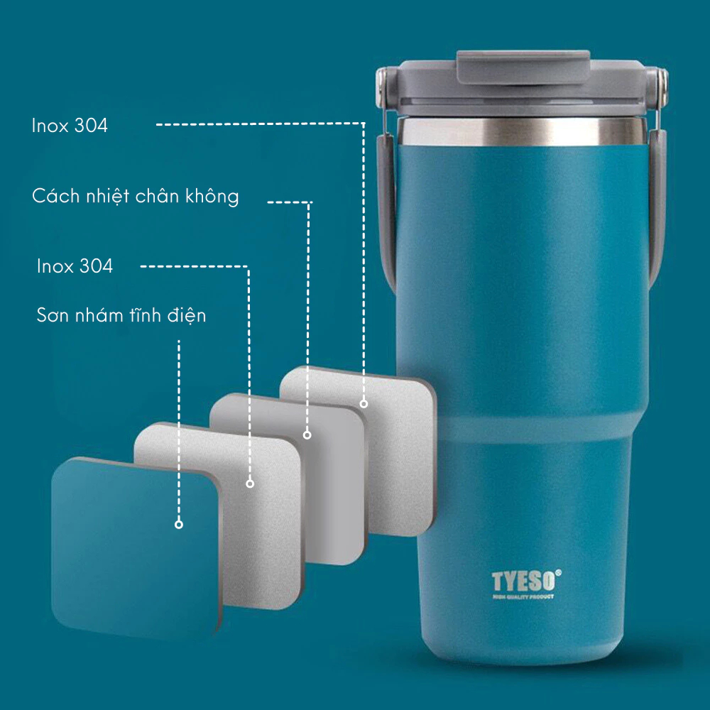 Ly giữ nhiệt khắc tên TYESO ROAM 750ml, bằng thép không gỉ, kèm ống hút và quai xách | TS-8827