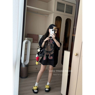 Áo Thun Form Rộng Nữ Lưới Đen Họa Tiết Hoạt Hình Dễ Thương | Áo Phông Nữ Cá Tính Hot Trend 2025