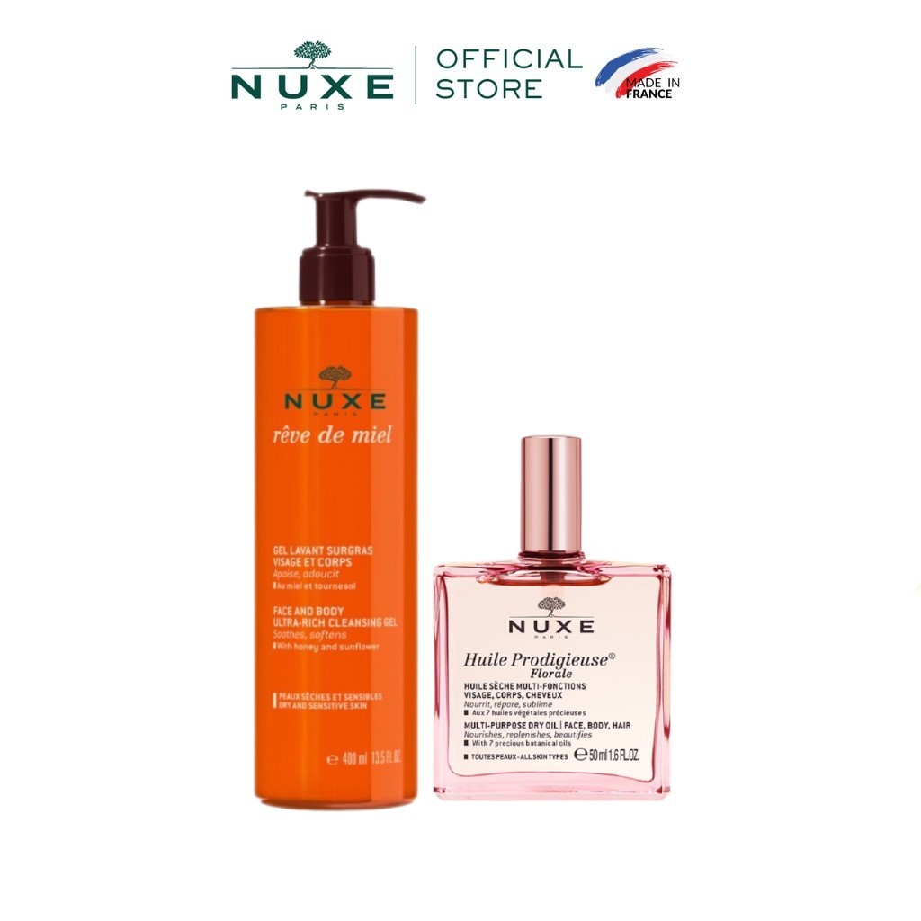 Combo Dầu khô hương hoa Nuxe Huile Prodigieuse Florale Multi-Purpose Dry Oil 50ml & Gel rửa mặt và tắm toàn thân 400ml