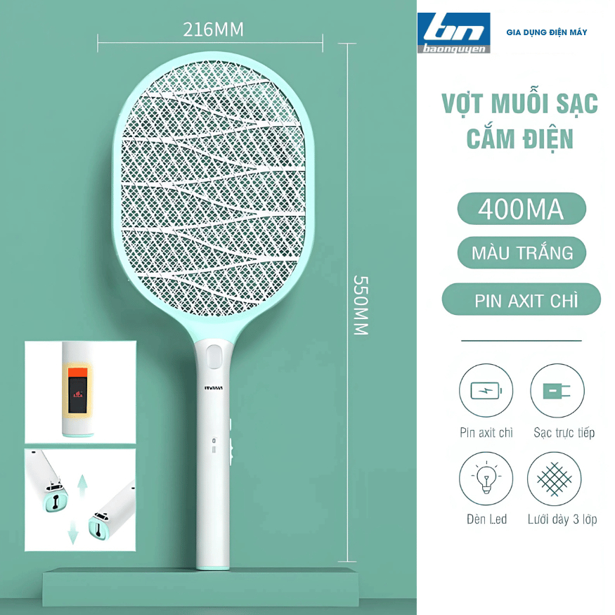 Vợt muỗi cao cấp Swonsan BNG-2069 chống giật an toàn, Pin diệt muỗi 15 ngày, Lưới vợt 3 lớp chống gỉ