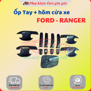 Bộ ốp tay nắm, hõm cửa xe Ford Ranger đời 2014 - 2019, 2020, 2021 nhựa ABS Vân Carbon cao cấp