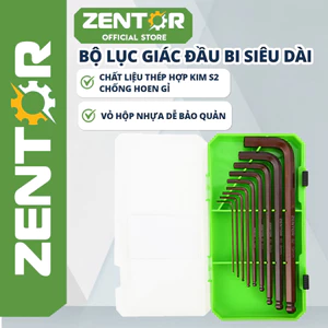 Bộ lục giác vặn ốc Zentor siêu dài đầu bi, đầu bông 9 món đẹp chịu lực tốt đựng trong hộp nhựa