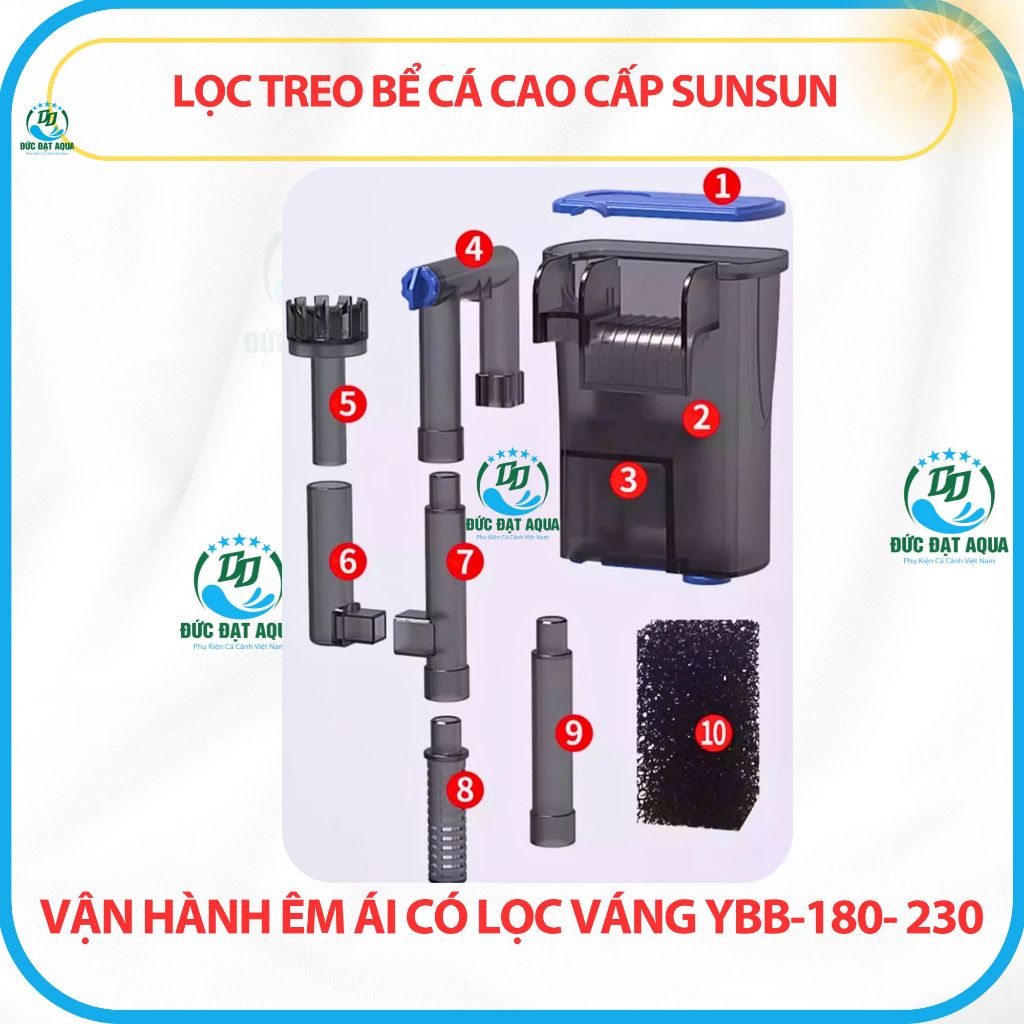 bộ lọc cài sunsun ybb 180-230 có hút váng dùng cho bể nhỏ và bể thủy sinh hoạt động êm ái