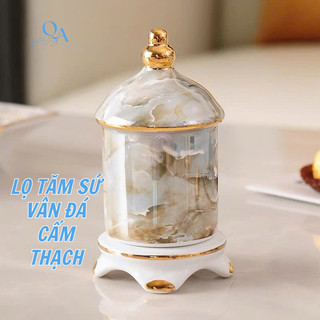 Hộp giấy, lọ tăm sứ vân đá cao cấp viền vàng 24K. Lọ tăm sứ DECOR sang trọng, ống cắm tăm, tăm bông