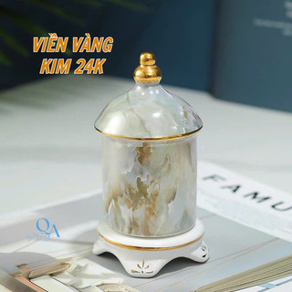 Hộp giấy, lọ tăm sứ vân đá cao cấp viền vàng 24K. Lọ tăm sứ DECOR sang trọng, ống cắm tăm, tăm bông