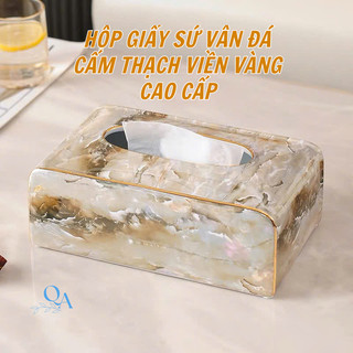 Hộp giấy, lọ tăm sứ vân đá cao cấp viền vàng 24K. Lọ tăm sứ DECOR sang trọng, ống cắm tăm, tăm bông