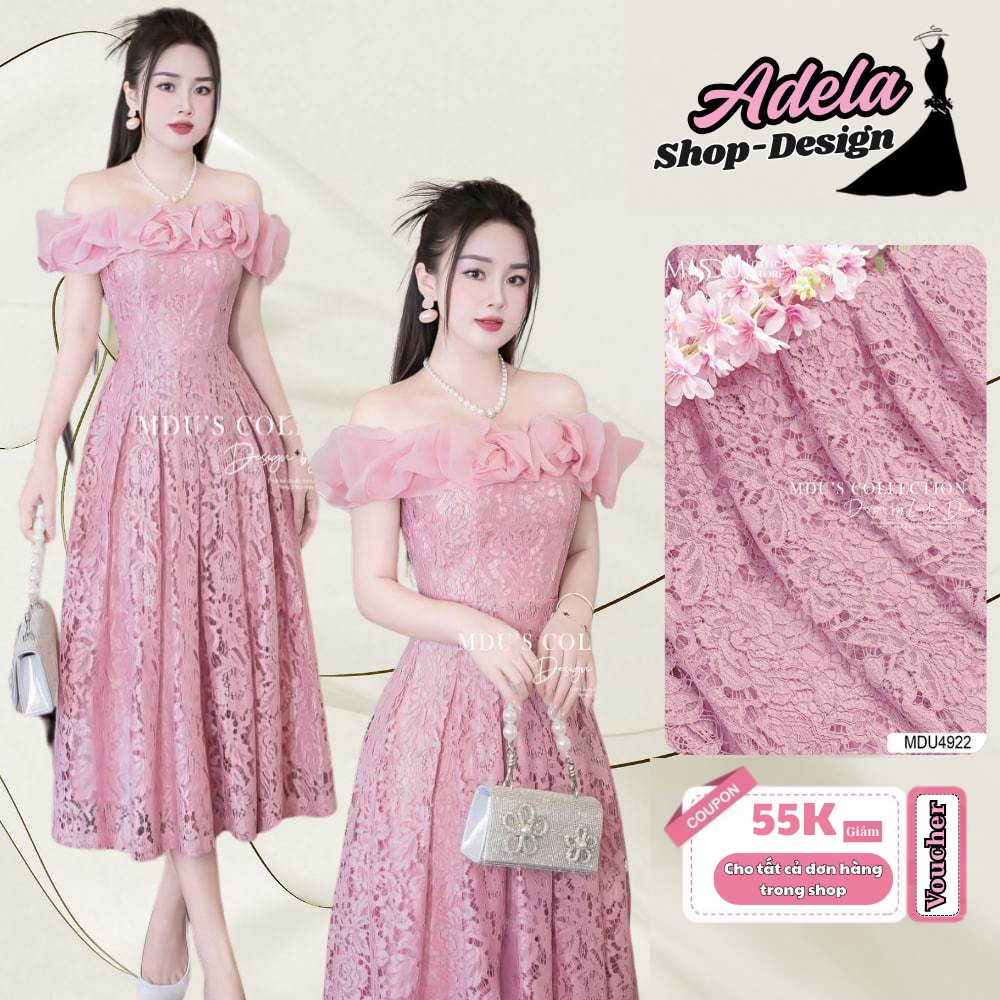Váy Trễ Vai ADELA DESIGN Chất Liệu Ren Phối Tơ Organza Cao Cấp Sang Trọng MDU4922
