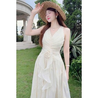 Đầm thời trang Nữ cổ yếm dáng dài xòe đính bông hoa eo vải tơ cao cấp dập hoa xinh xắn cho chị em đi chơi đi biển