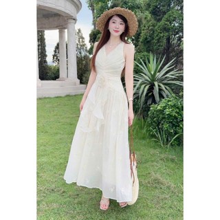 Đầm thời trang Nữ cổ yếm dáng dài xòe đính bông hoa eo vải tơ cao cấp dập hoa xinh xắn cho chị em đi chơi đi biển