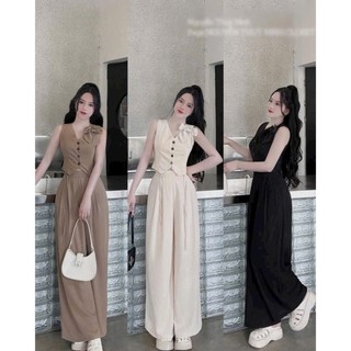 Set bộ thời trang nữ chất cotton lạnh áo không tay cổ V đính nơ vai phối quần dài ống rộng phong cách trẻ trung