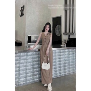 Set bộ thời trang nữ chất cotton lạnh áo không tay cổ V đính nơ vai phối quần dài ống rộng phong cách trẻ trung