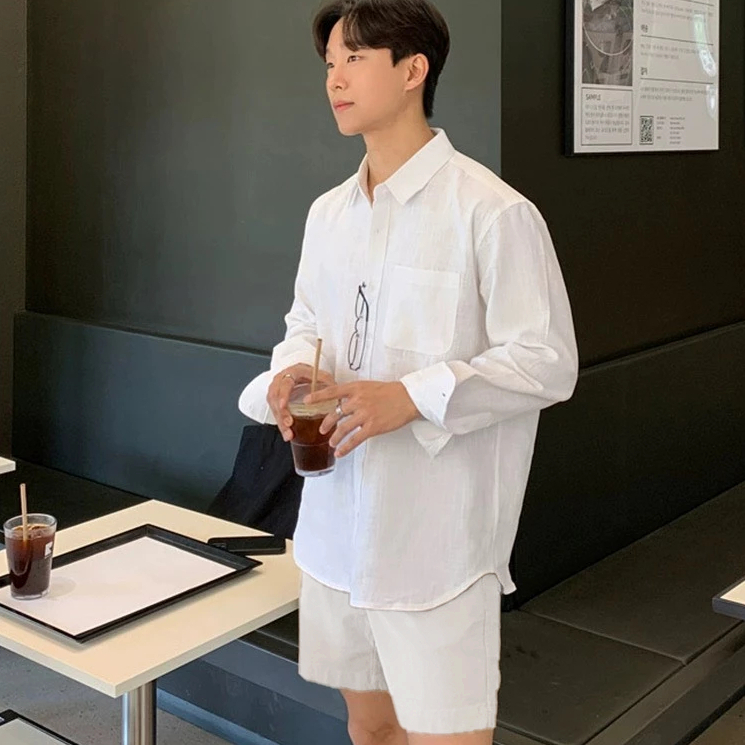 Set Bộ Đồ Quần Áo Nam Gồm Áo Đũi Xước Dài Tay + Quần Short Linen Mát Mẻ Cao Cấp Mùa Hè Halley J47