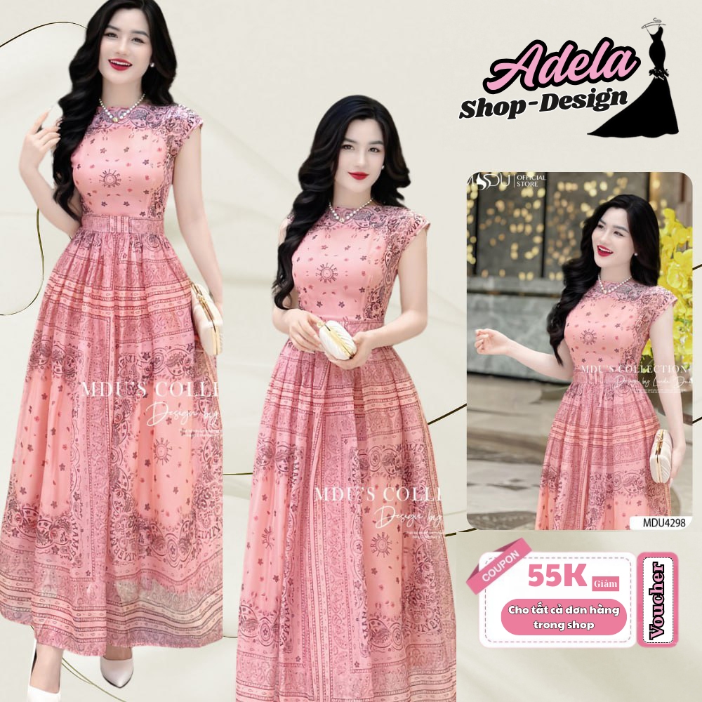 Váy Maxi ADELA DESIGN Chất Tơ Hàn Dáng Xòe Phối Họa Tiết Bắt Mắt Thanh Lịch MDU4298