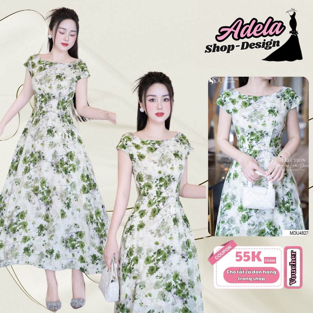 Váy Thiết Kế ADELA DESIGN Dáng Váy Xòe Dài Két Hợp Cùng Họa Tiết Hoa Xanh Tươi Mát MDU4822
