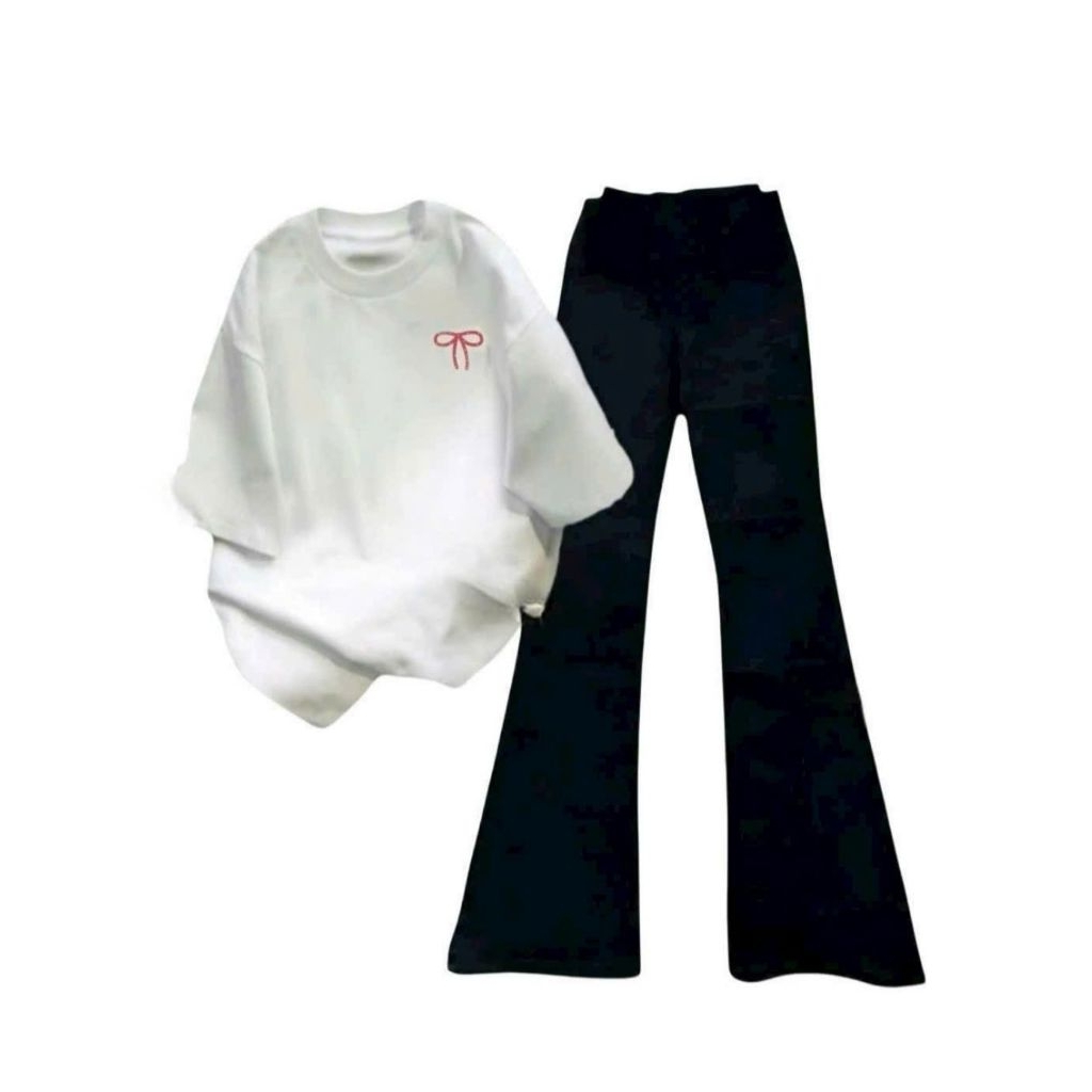 Sét Bộ Quần Ống Loe + mix áo phông form rộng tay lỡ - in nơ An Pha Ở Ngực