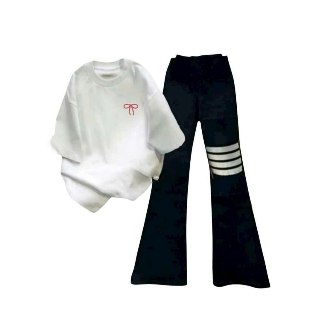 Sét Bộ Quần Ống Loe + mix áo phông form rộng tay lỡ - in nơ An Pha Ở Ngực