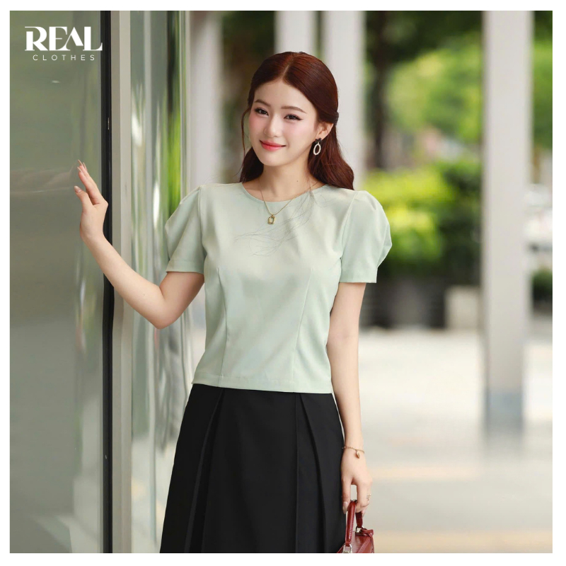 Áo croptop tay phồng REAL CLOTHES (tổng hợp màu), vải cotton mịn mát