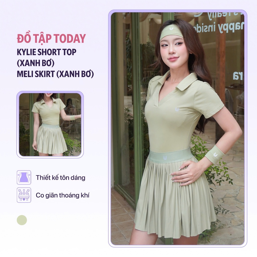 Set thể thao pickleball nữ áo Kylie Short xanh bơ mix chân váy Meli xanh bơ Today U Wear