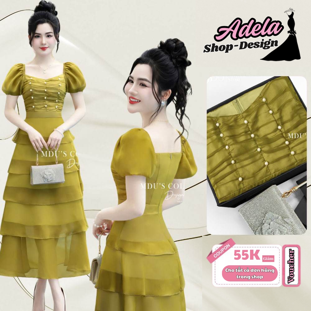 Váy Tơ Tằm ADELA DESIGN Với Chân Váy Xếp Tầng, Phần Ngực Nhún Phối Ngọc Trai Nhỏ MDU4753