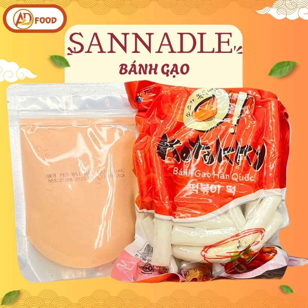 Combo 500g Bánh gạo Tokbokki Sannadle+100g bột phô mai-nguyên liệu nấu bánh gạo chiên lắc phô mai