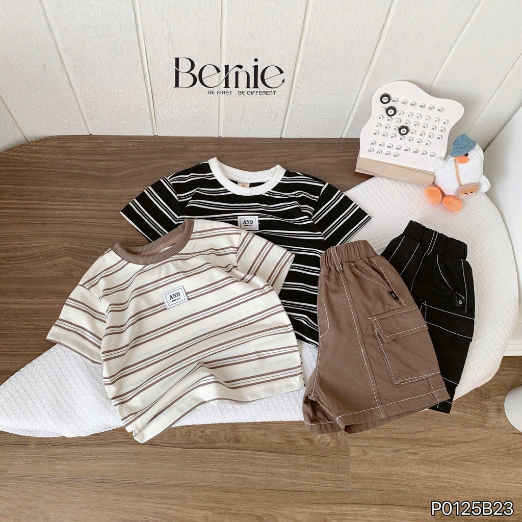 Set cộc tay kẻ ngang phối quần kaki túi hộp Bernie, Bộ cotton cho bé trai 9-24kg