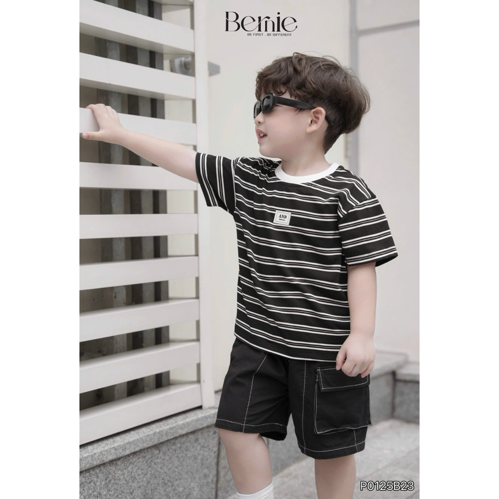 Set cộc tay kẻ ngang phối quần kaki túi hộp Bernie, Bộ cotton cho bé trai 9-24kg
