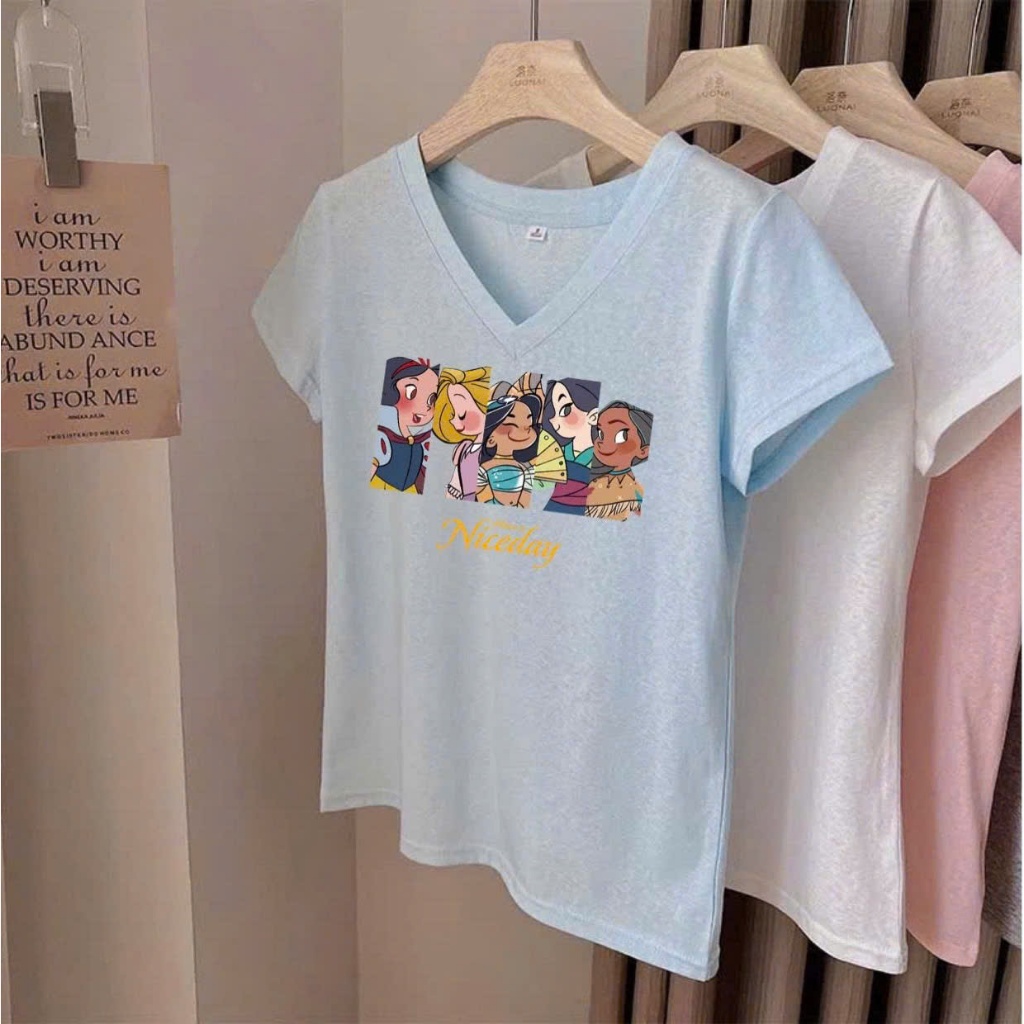 BST Áo thun xượt cổ tim Nữ in hình thời trang JULY FASHION, Áo thun nữ cổ tim, Cổ V phom vừa, Chất thun xượt mềm mát