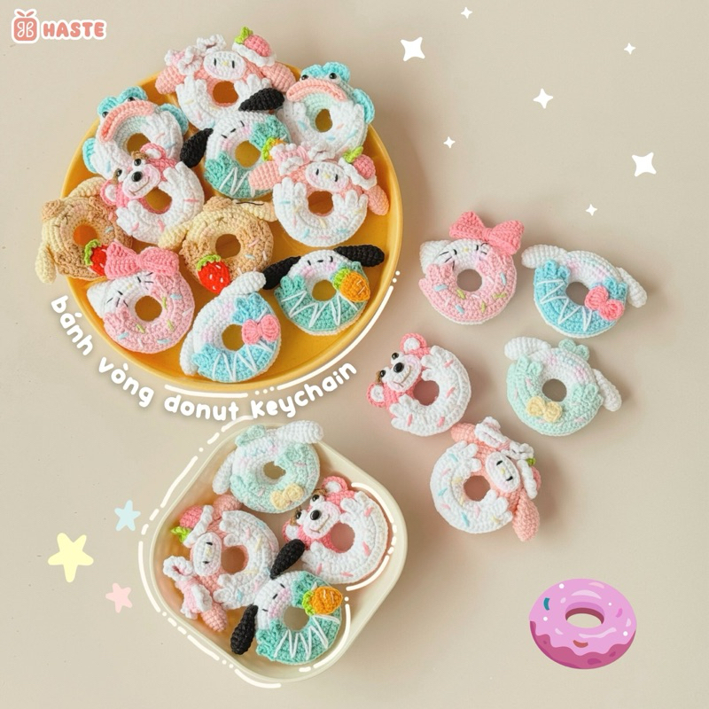 Móc Khoá Len Bánh Donut Hoạt Hình Melody Purin Pompom Hello Kitty Bánh Vòng Dễ Thương Handmade